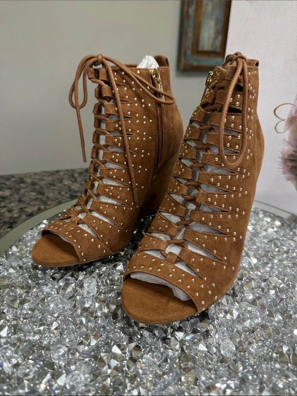 Jessica Simpson Brown Suede Lace-Up Studded Wedge Sandals NEW 6.5